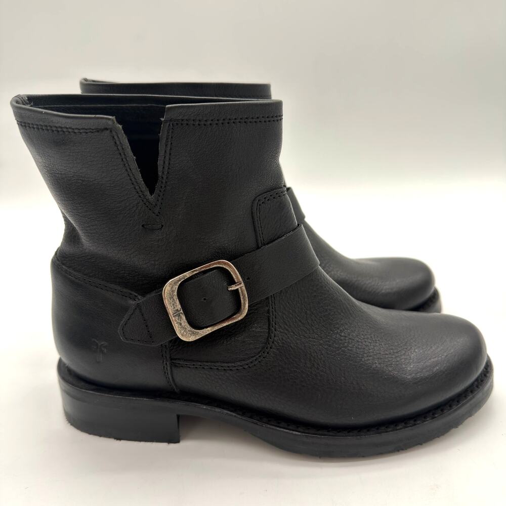 Frye Veronica Flex Ankle Booties Black Leather Buckle Moto Biker Slip On NWOB 6